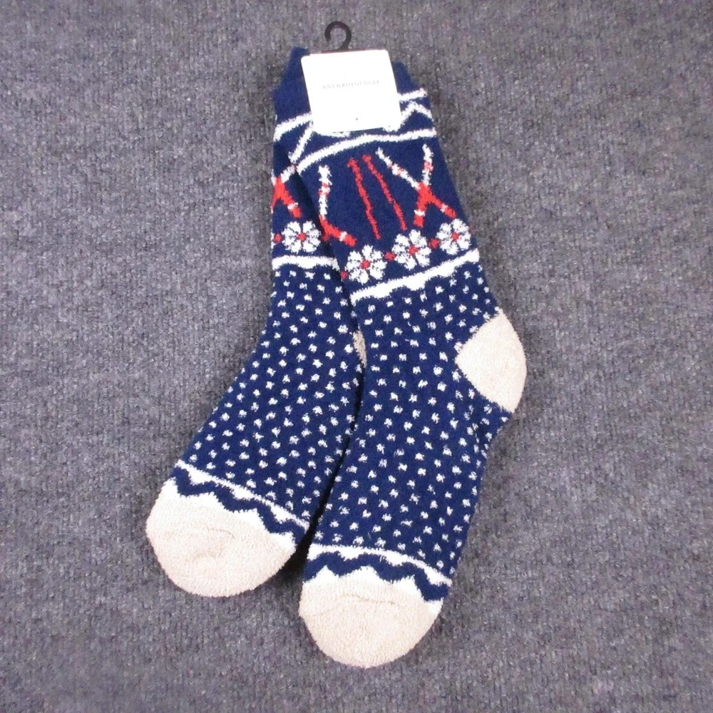 Anthropologie Socks Womens One Size Blue Fuzzy Fair Isle Ski Winter Thermal